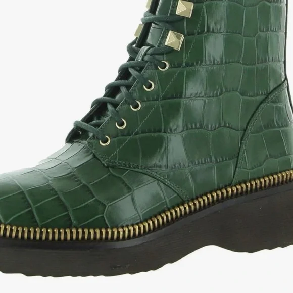 Michael Kors Embossed Croc Patent Leather Haskell Bootie Moss Green Combat Boot - Picture 6 of 11